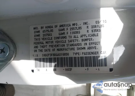 2010 Honda Accord 3.5 Ex-L из США, поврежденный, VIN 1HGCP3F8XAA016856